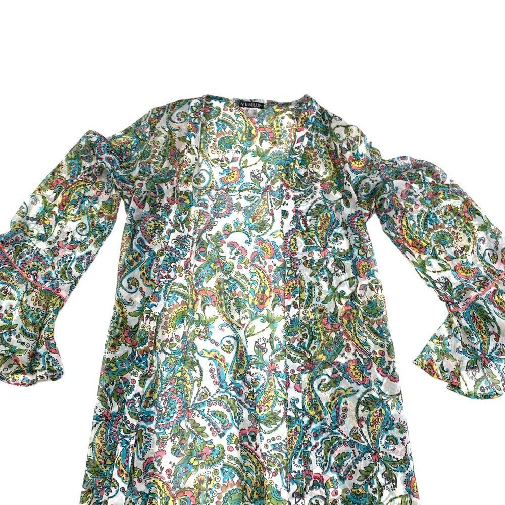 Venus Floral/Paisley Long Open Front Ruffled Kimono Women's Size Small
